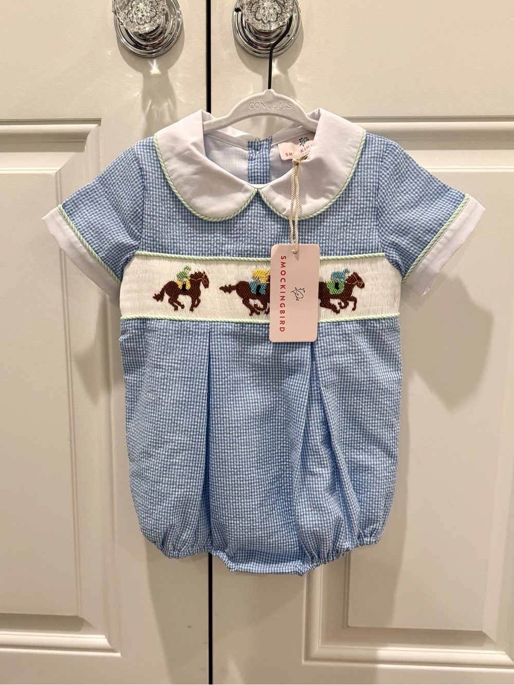 Smocked Blue Gingham Baby Boy Bubble